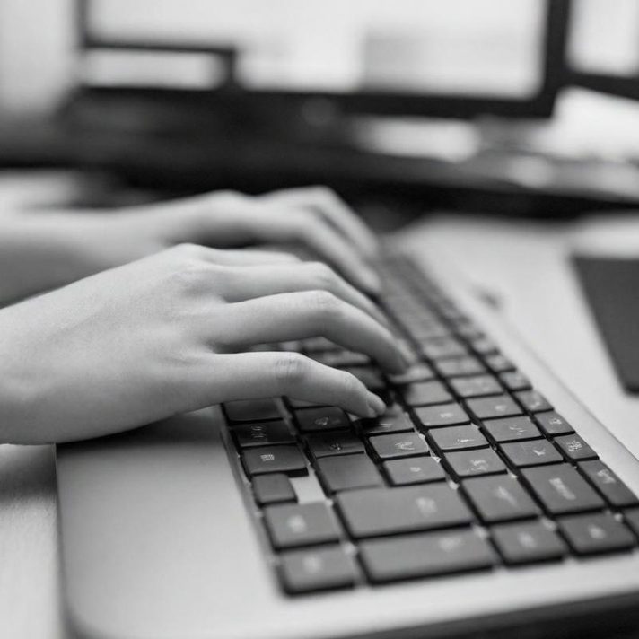 Hände tippen auf einer Computer-Tastatur, im Hintergrund zwei Monitorbildschirme.